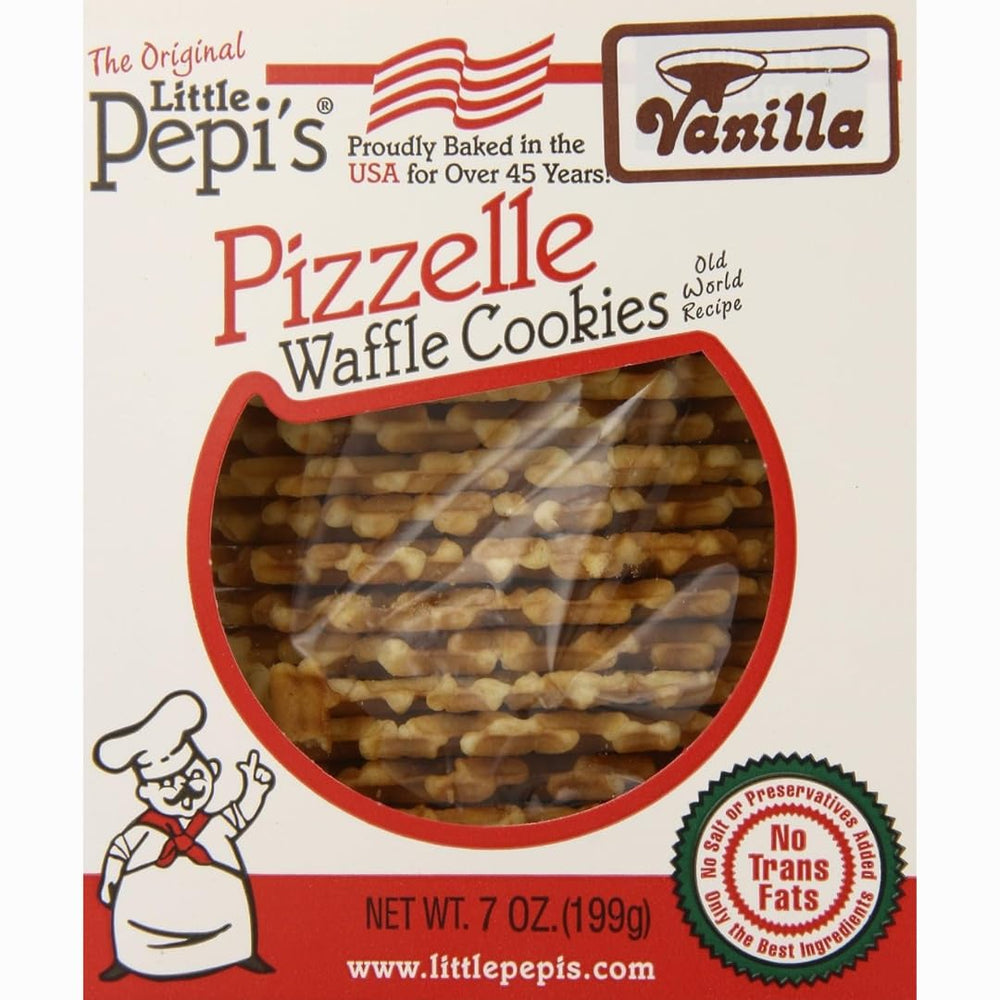 Little Pepi's Vanilla Pizzelles packshot with crisp cookies ideal for coffee.