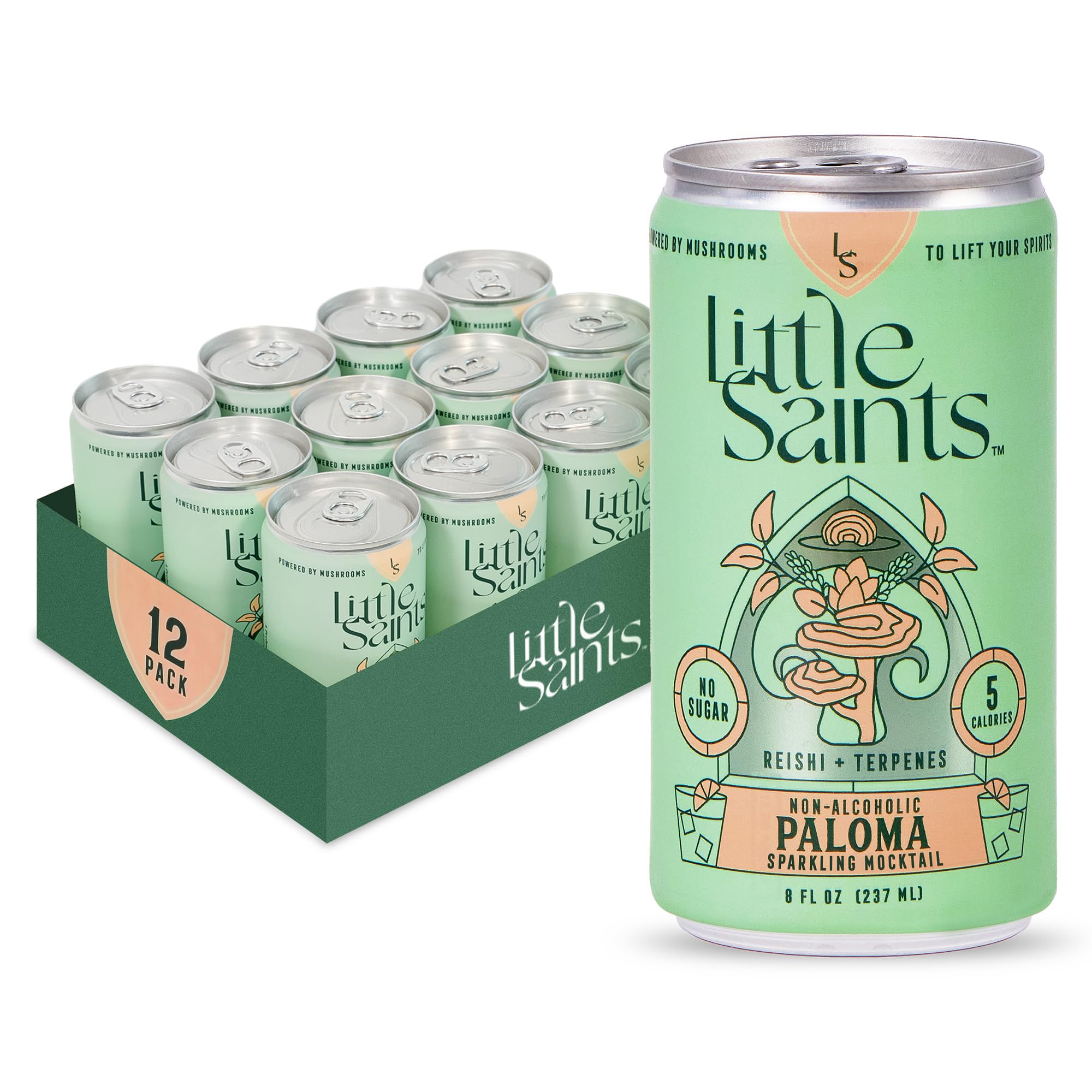 Little Saints Paloma mocktails cans on a tray, zero sugar option for gatherings.