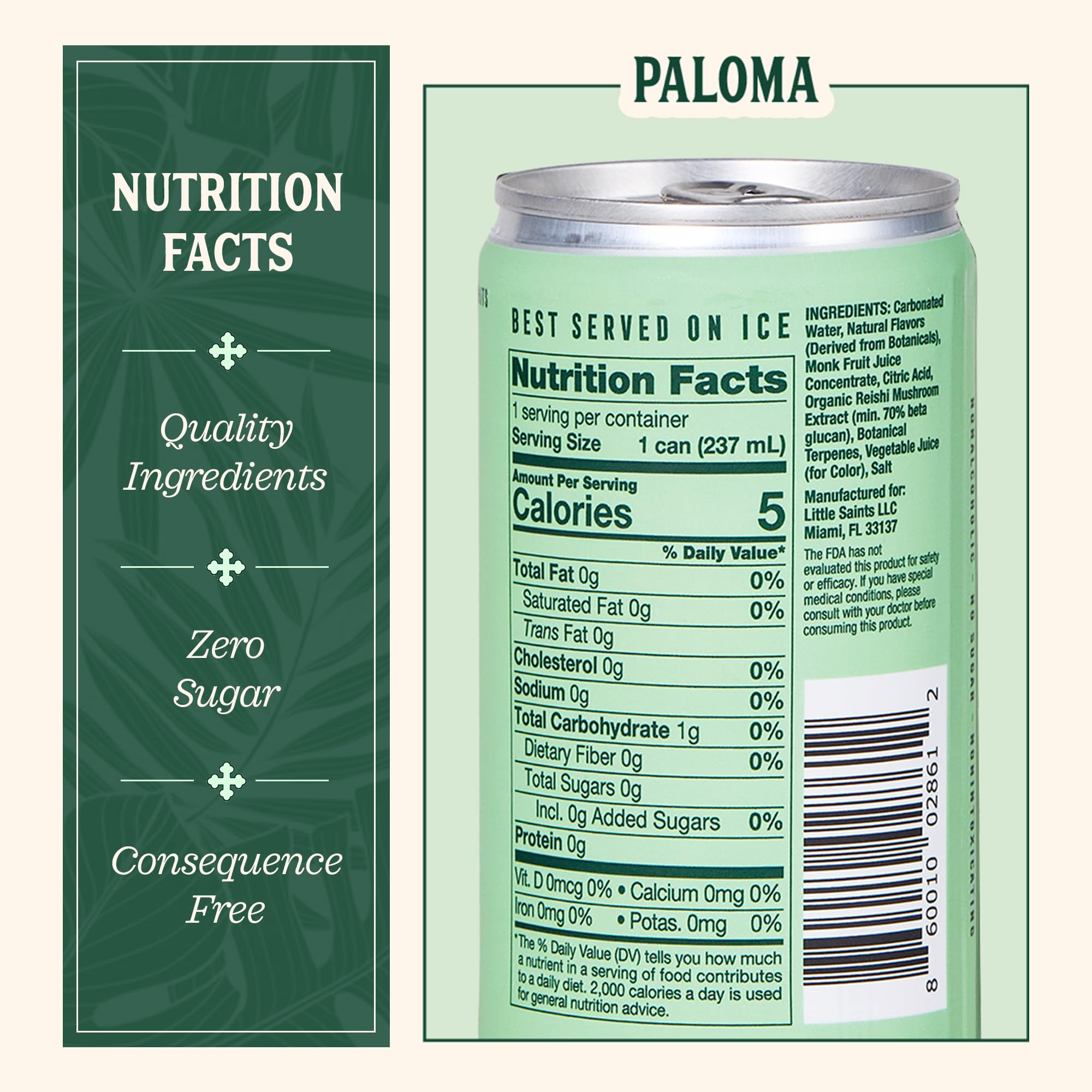 Little Saints Paloma mocktails label closeup, highlighting citrus notes and clean ingredients.