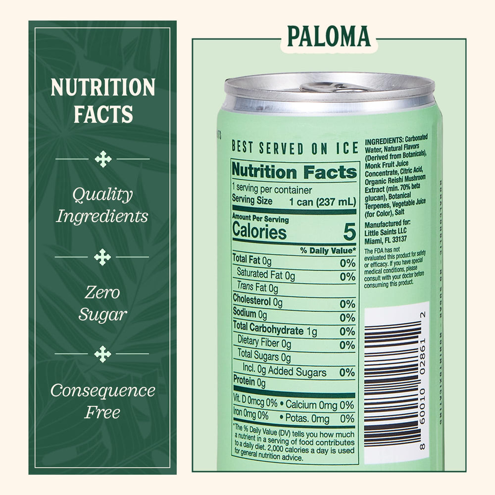 Little Saints Paloma mocktails label closeup, highlighting citrus notes and clean ingredients.