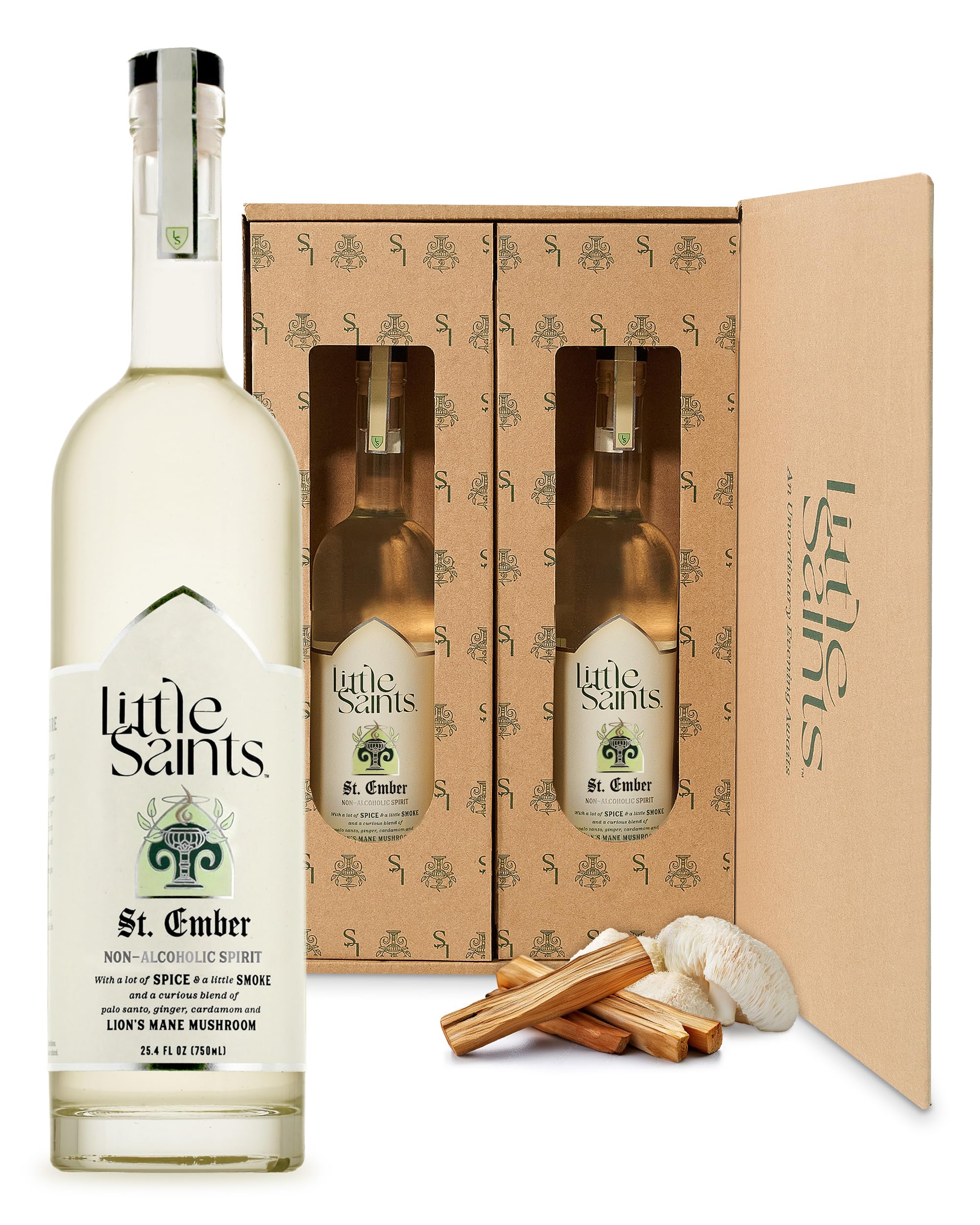 Little Saints St. Ember bottle front, zero proof spirit for creative non-alcoholic cocktails.