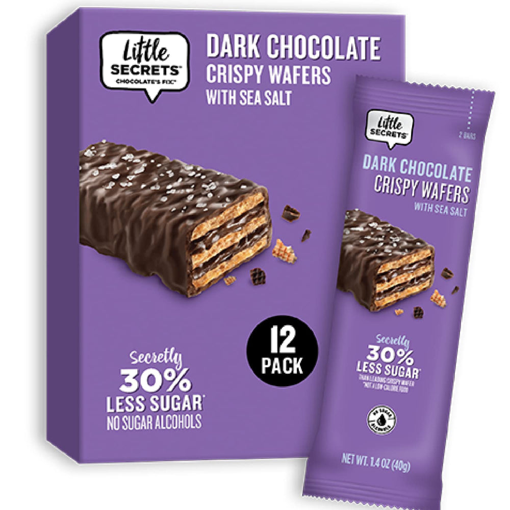 Little Secrets dark chocolate crispy wafers pack front view for convenient, shareable snacking.