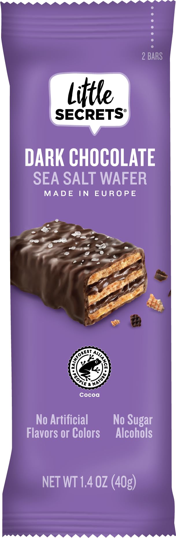 Little Secrets dark chocolate crispy wafers pack with sea salt, ideal for lunchboxes.