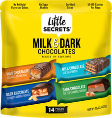 Little Secrets Milk & Dark Chocolate Variety Pack with 14 bite-sized bars for sharing.