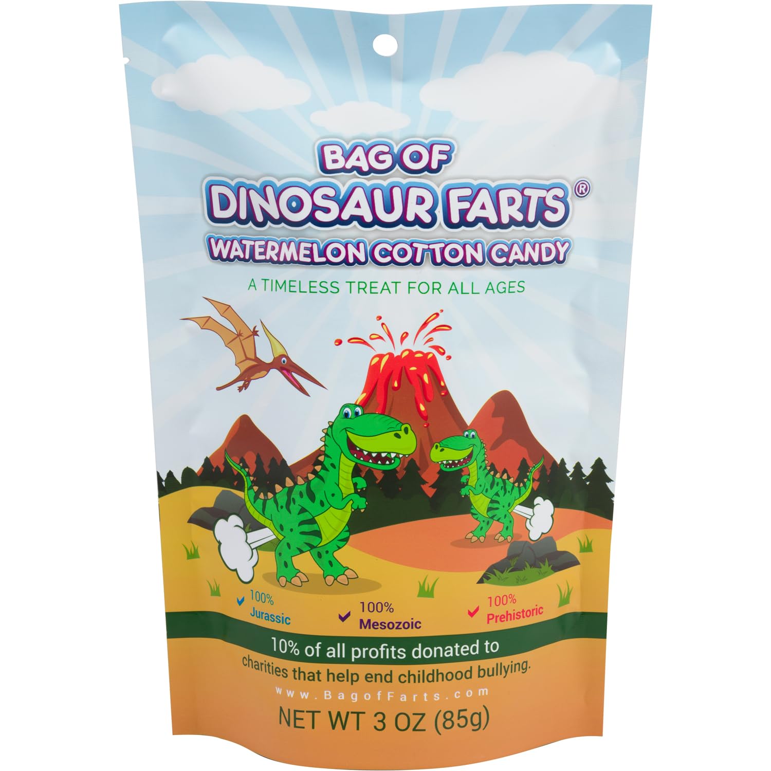 Little Stinker Dinosaur Farts watermelon cotton candy 3oz label close-up for gag gift context.