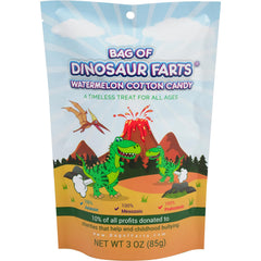 Little Stinker Dinosaur Farts watermelon cotton candy 3oz label close-up for gag gift context.