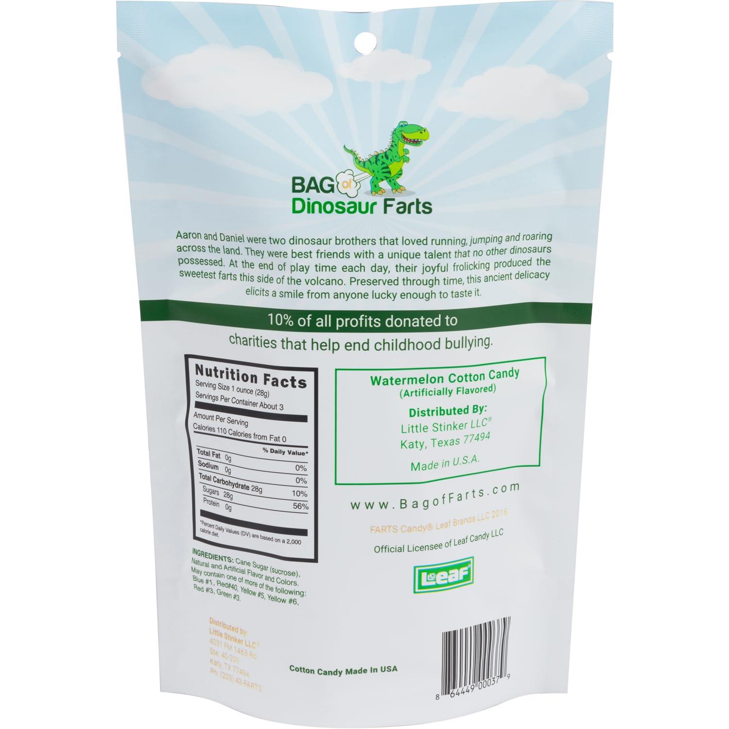 Little Stinker Dinosaur Farts watermelon cotton candy 3oz unwrapped packaging for gifting.