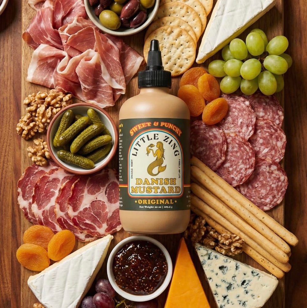 Little Zing Danish Mustard dipping plate showing versatile flavor pairing.