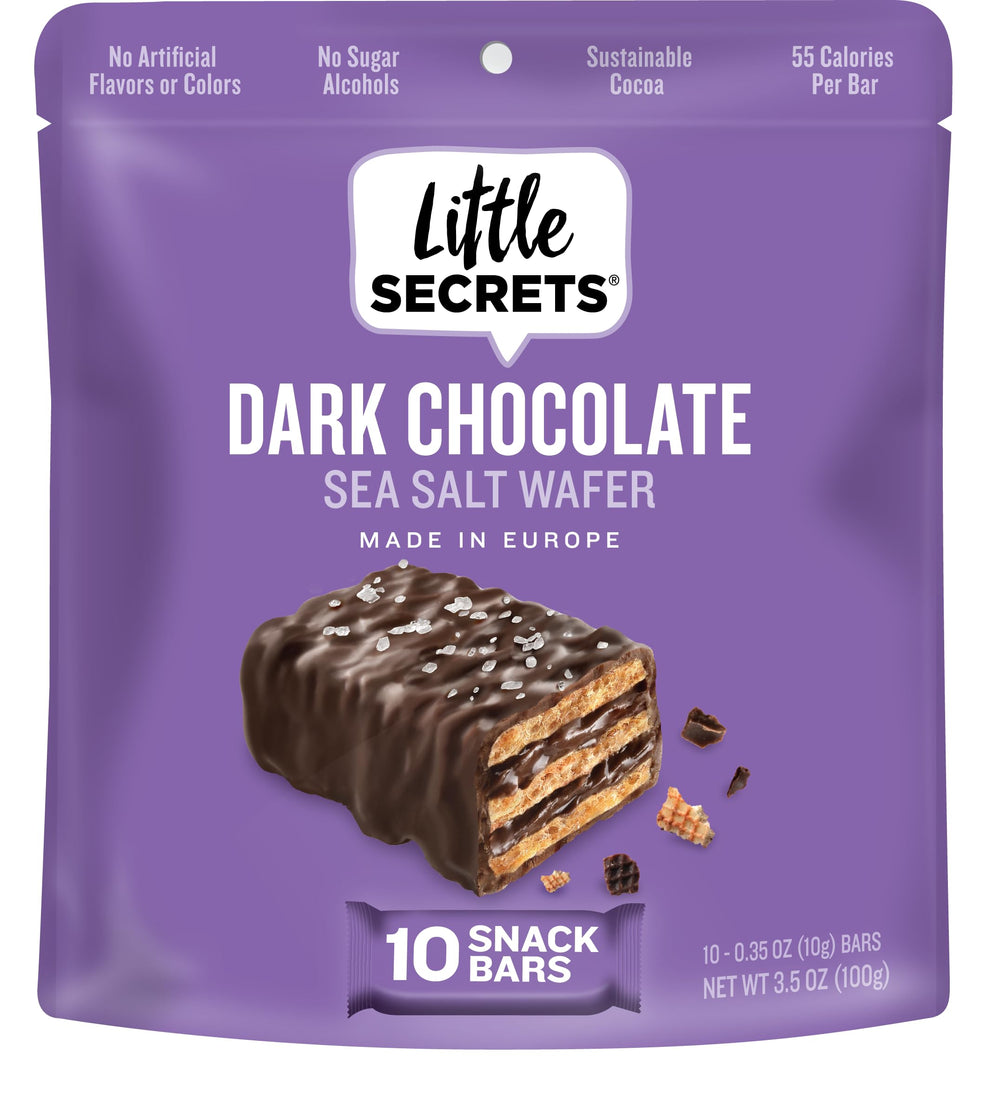 Little Secrets dark chocolate crispy wafers pack showing 60 minis for sharing.
