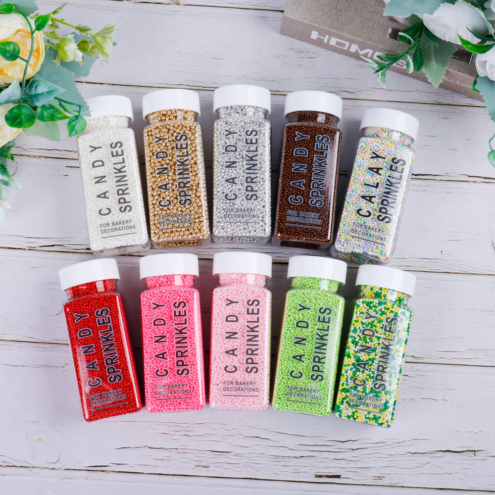 LittleStar Gold Nonpareils 2mm sprinkles stored in a reusable jar for easy access