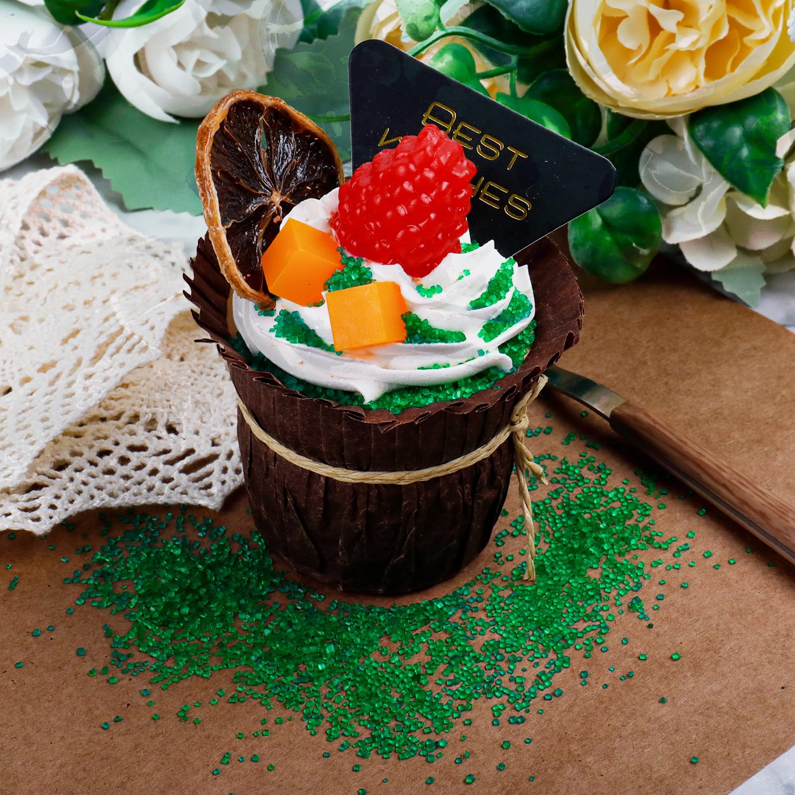 LittleStar Green Sanding Sugar on cupcakes creates a bright, professional decoration
