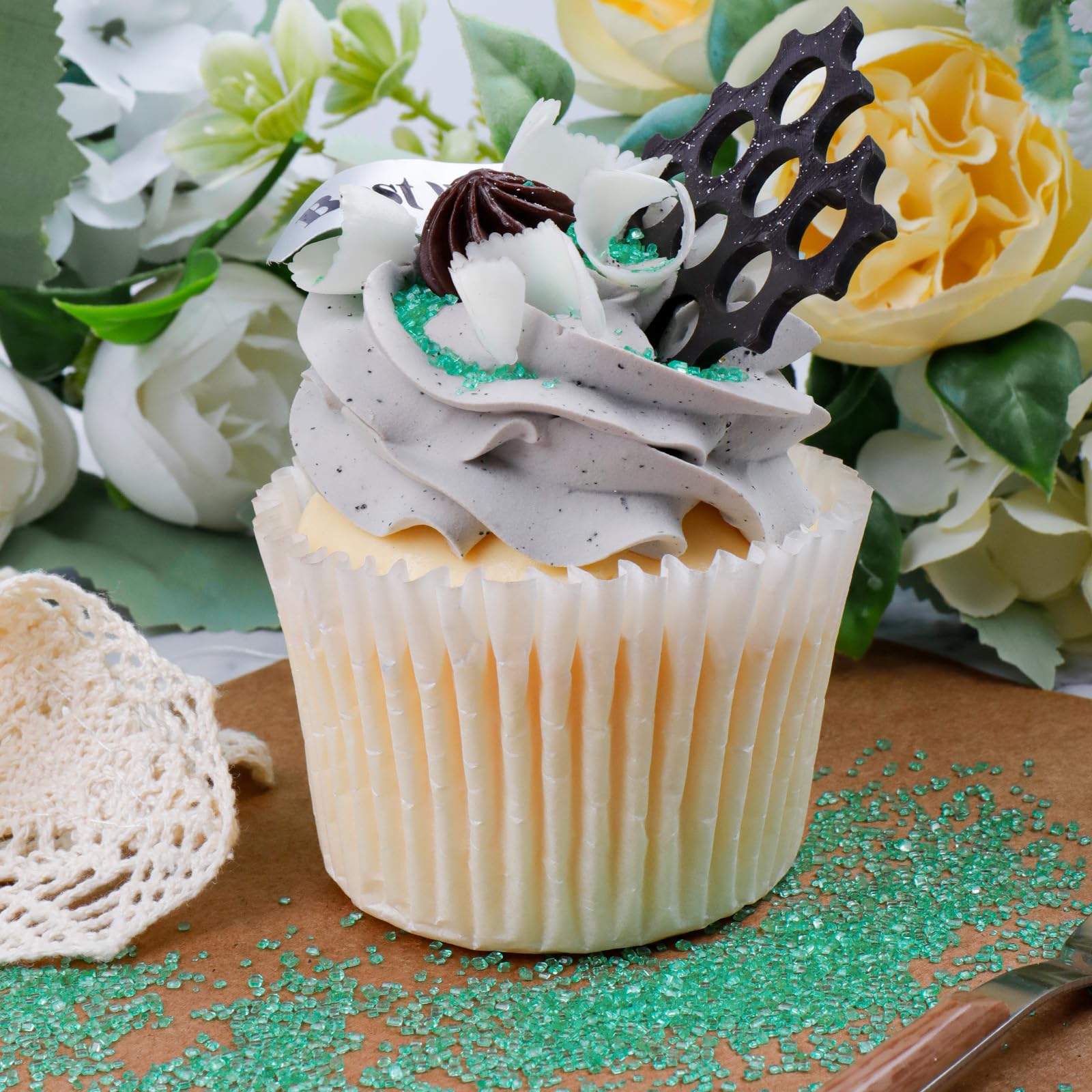 LittleStar green sanding sugar on cupcakes adds color and shimmer.