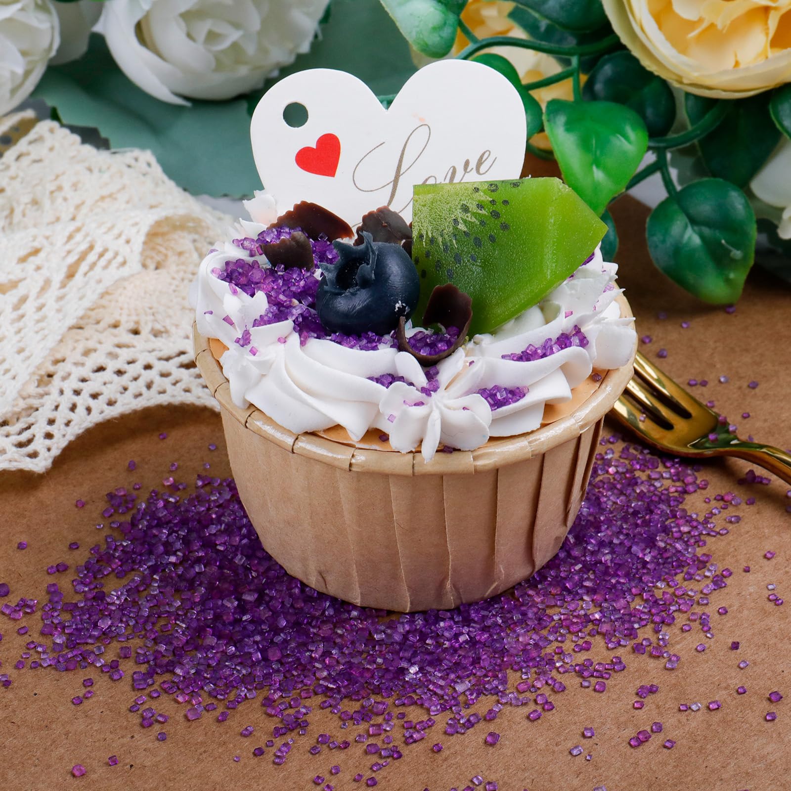 LittleStar purple sanding sugar on ice cream for a glossy finish