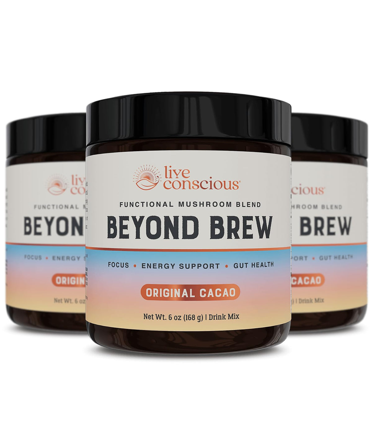 Live Conscious Beyond Brew bottle beside mug with cacao flavor and focus benefits