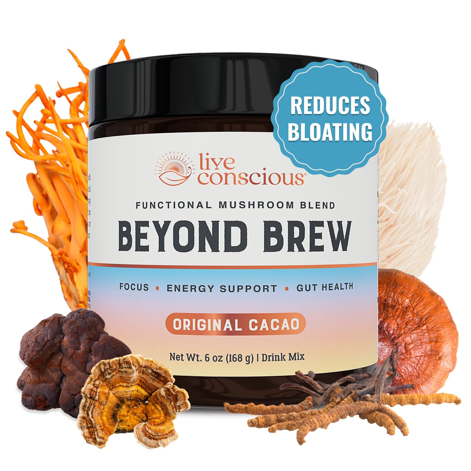 Live Conscious Beyond Brew with cacao, cinnamon, and ginger for a flavorful morning ritual that supports steady energy