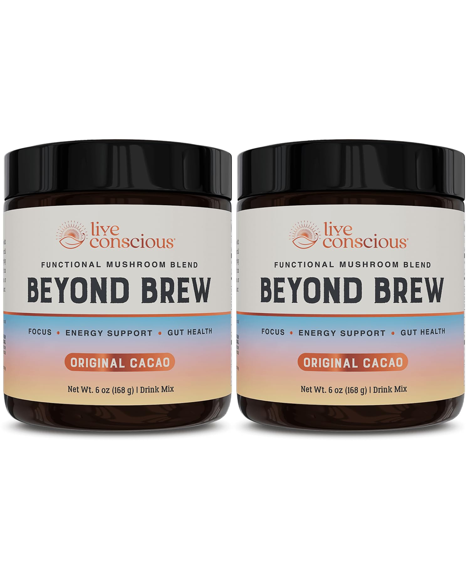 Live Conscious Beyond Brew cacao flavor in a cup, promoting focus.