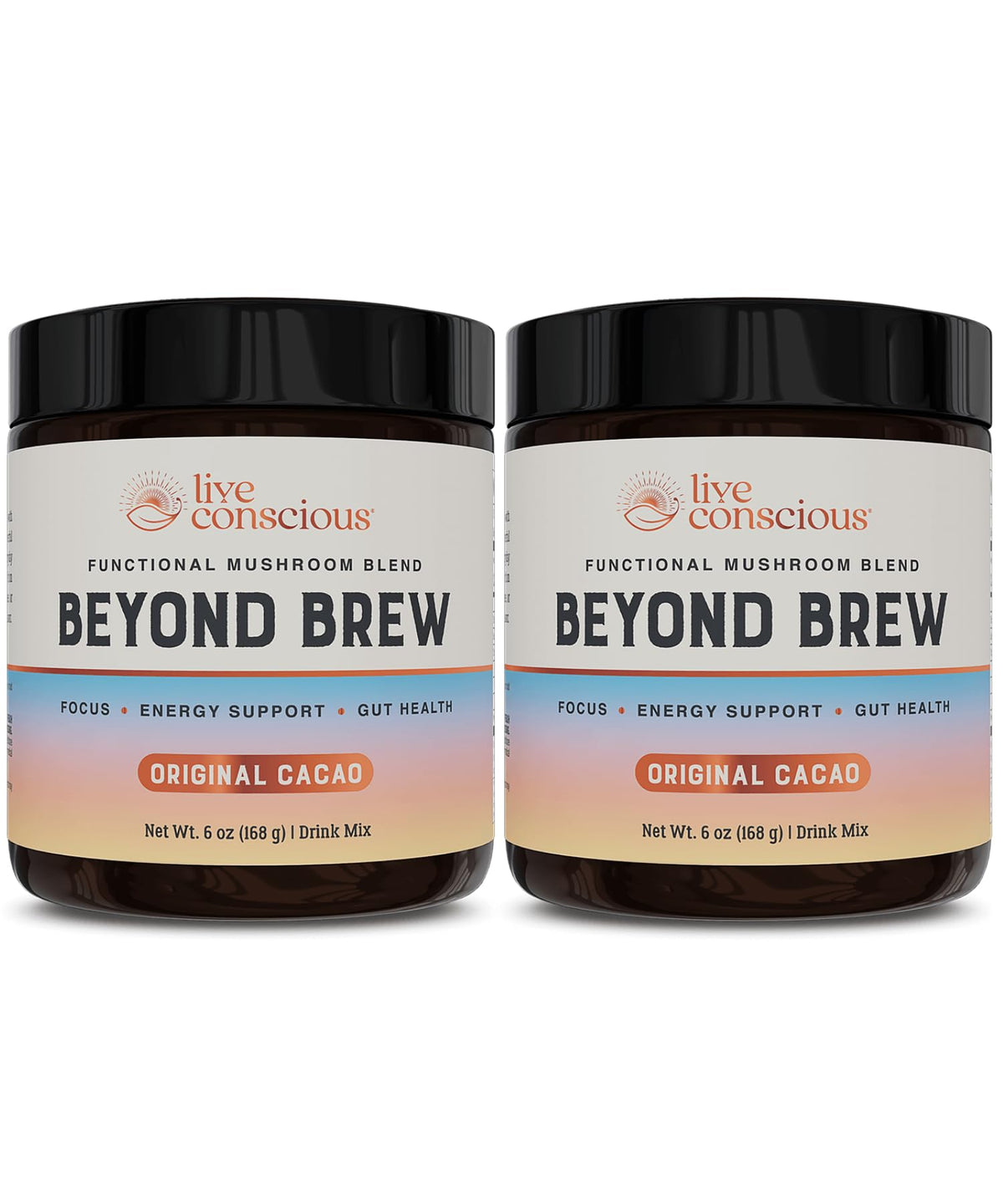 Live Conscious Beyond Brew cacao flavor in a cup, promoting focus.