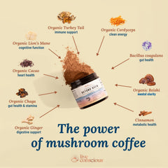 Scoop of Beyond Brew powder beside cup hints at gut support and fiber