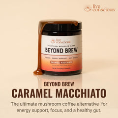 Scoop of mushroom blend dissolving into warm drink