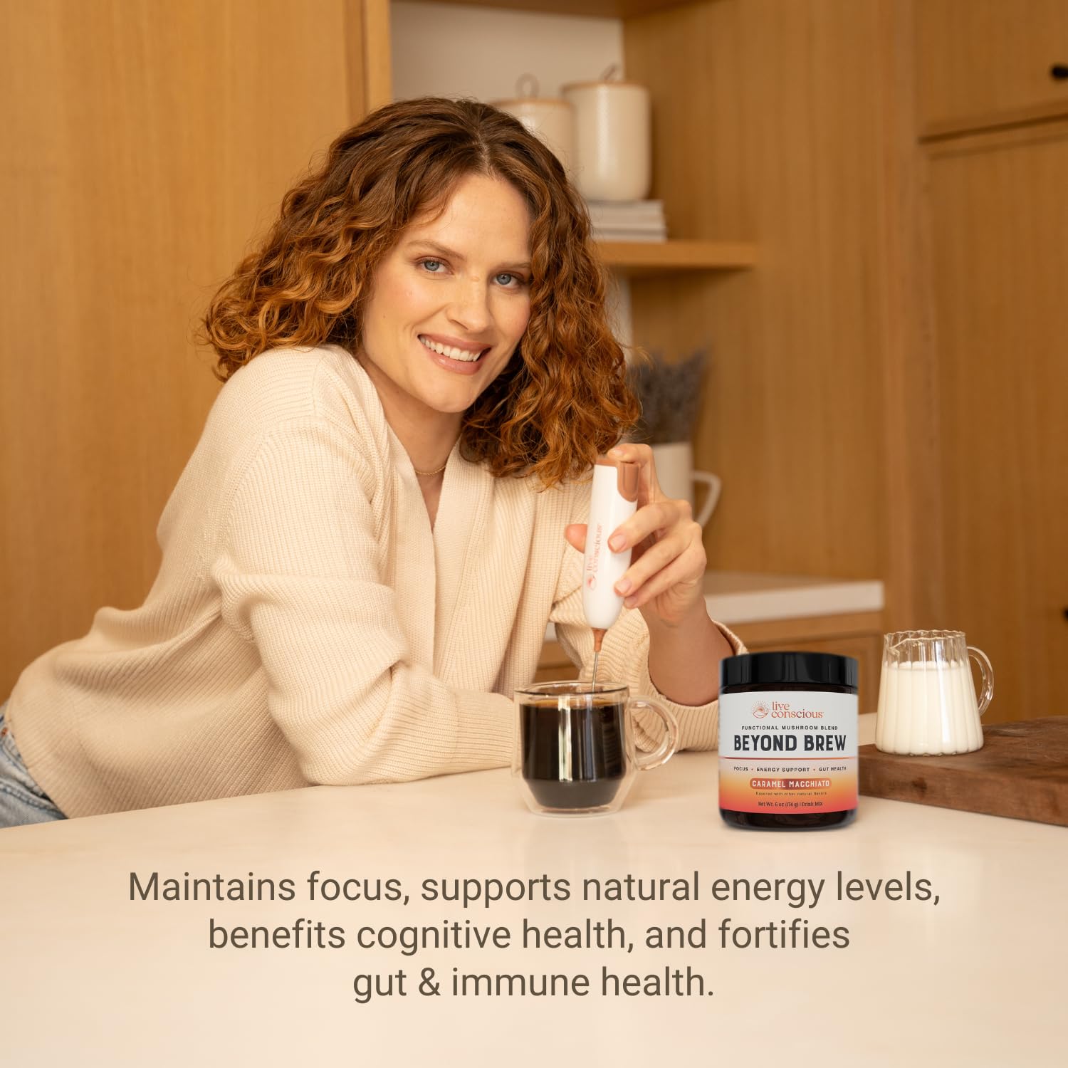 Live Conscious Beyond Brew mushroom blend ingredients—lion's mane and reishi support focus and cognitive health.