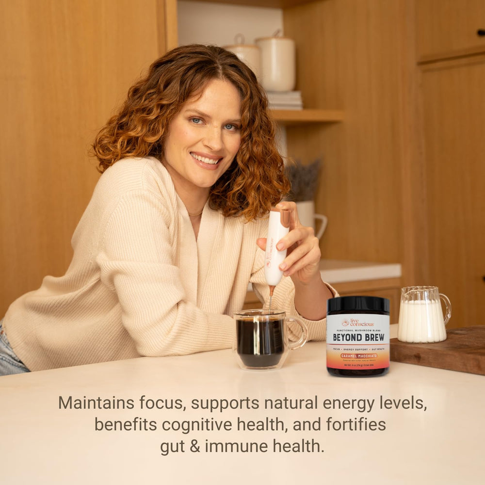 Live Conscious Beyond Brew mushroom blend ingredients—lion's mane and reishi support focus and cognitive health.