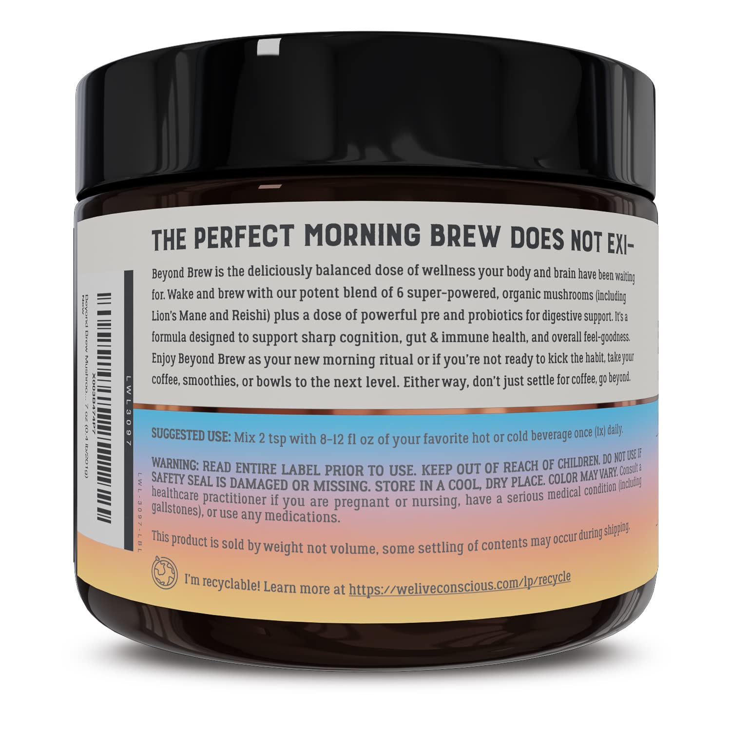 Nutrition card for Beyond Brew highlights mushrooms and fiber content