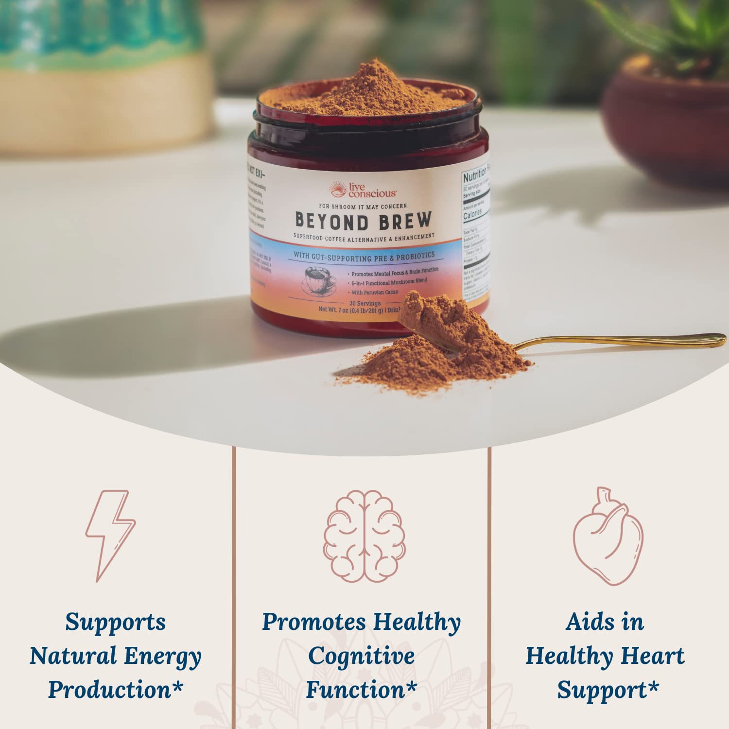Live Conscious Beyond Brew gut-friendly blend with prebiotics, probiotics, and fiber