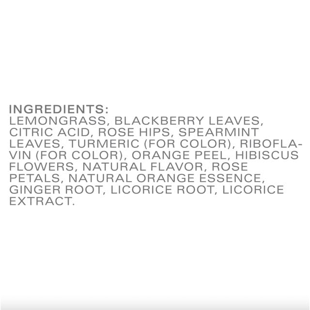 Ingredient blend featuring lemongrass, blackberry leaves, and rose hips in this herbal tea