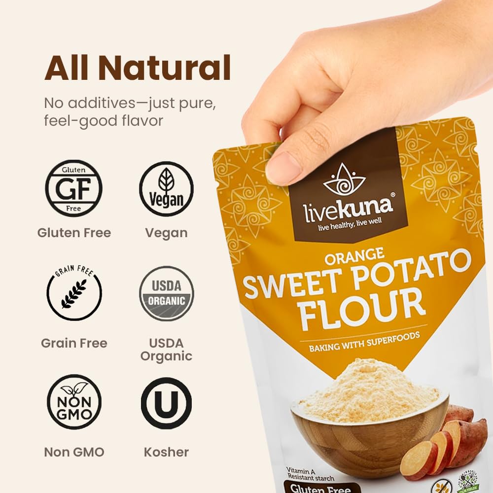 LiveKuna orange sweet potato flour baked cake showing gluten-free option