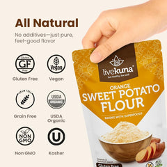 LiveKuna orange sweet potato flour baked cake showing gluten-free option