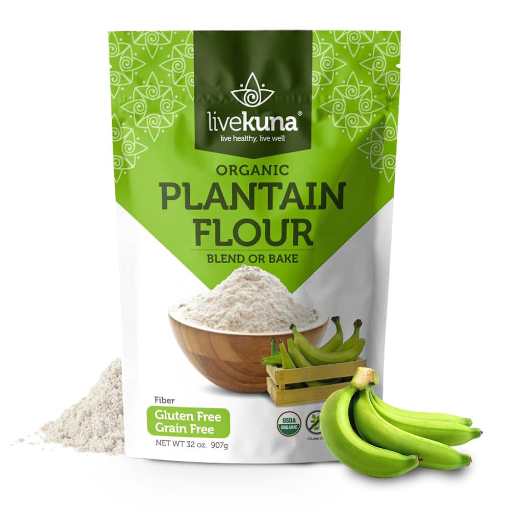 LiveKuna Organic Plantain Flour bag highlighting gluten-free baking versatility.