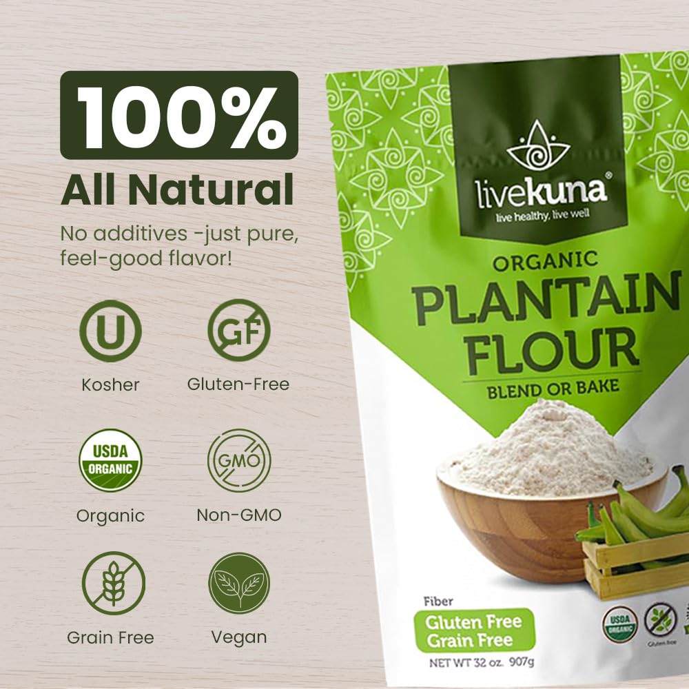 LiveKuna Organic Plantain Flour used in vegan and paleo friendly recipes.