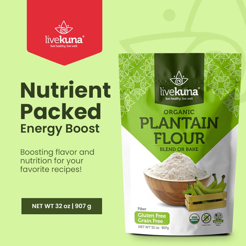 LiveKuna Plantain Flour pouring into a bowl, ideal for grain-free cooking.