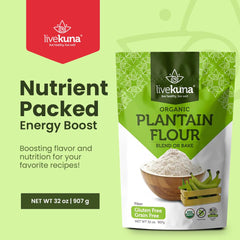 LiveKuna Plantain Flour pouring into a bowl, ideal for grain-free cooking.