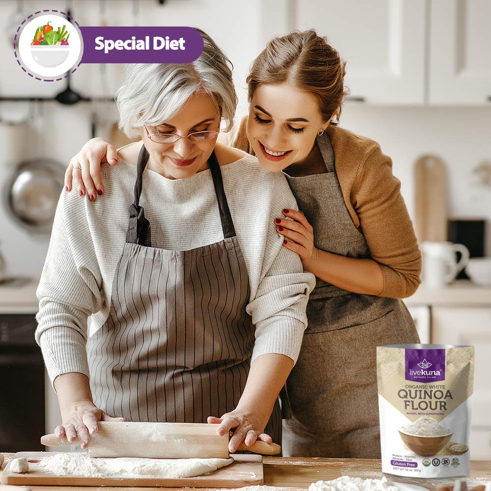 LiveKuna quinoa flour baking mix showing ingredients versatility