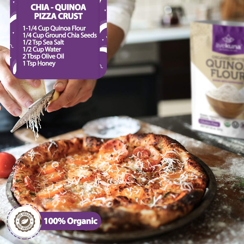 LiveKuna quinoa flour packaging emphasizing organic and paleo-friendly