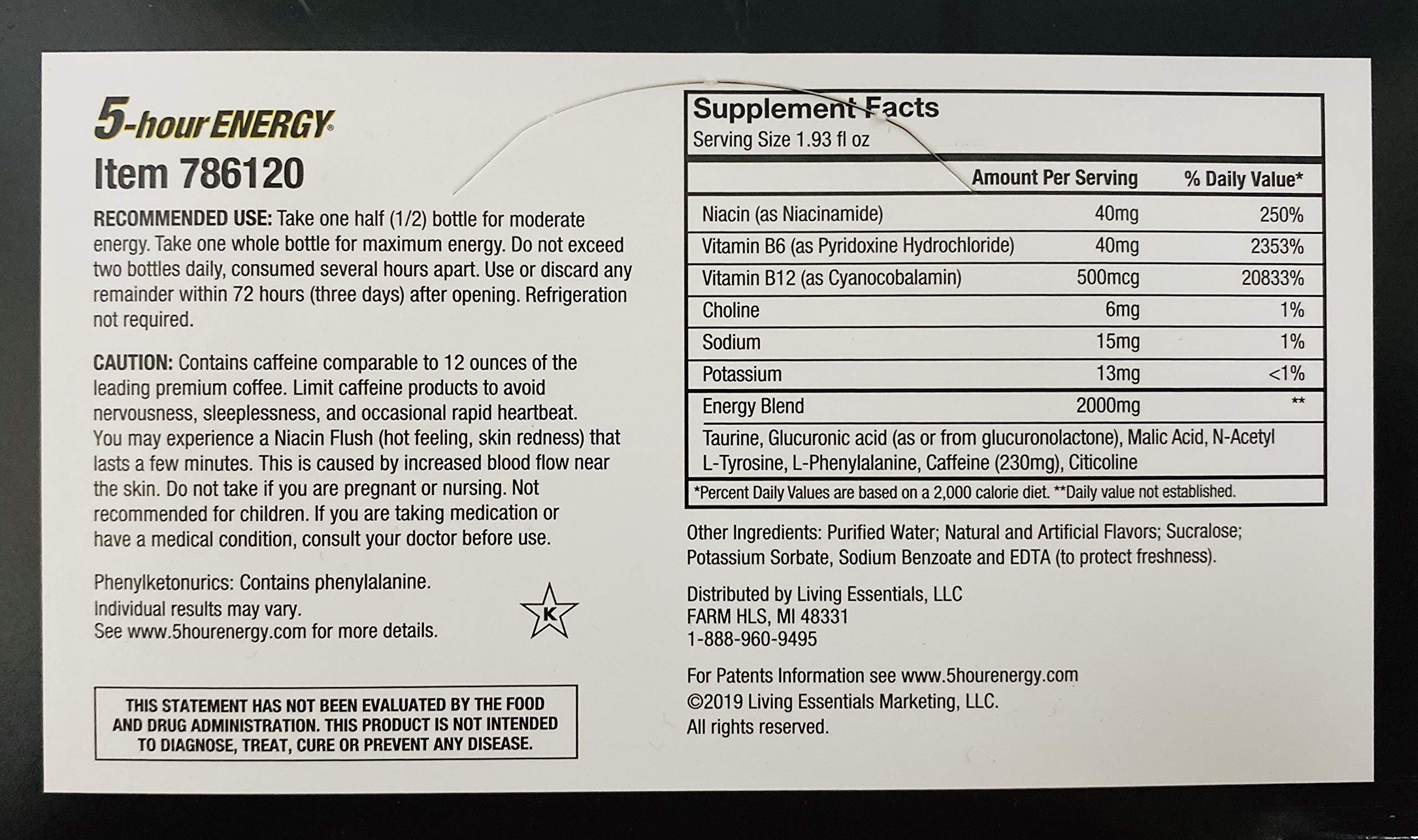 Living Essentials 5-hour Energy Strawberry Banana label shows caffeine and calories.