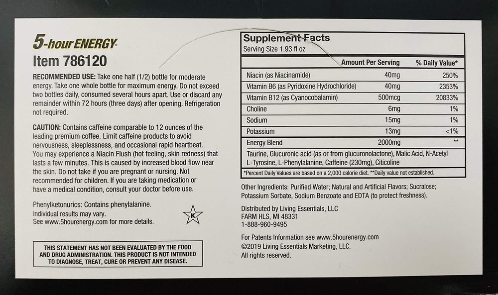 Living Essentials 5-hour Energy Strawberry Banana label shows caffeine and calories.