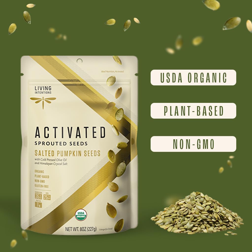 Living Intentions Organic Sprouted Pumpkin Seeds Salted label highlights Non-GMO and USA-made.