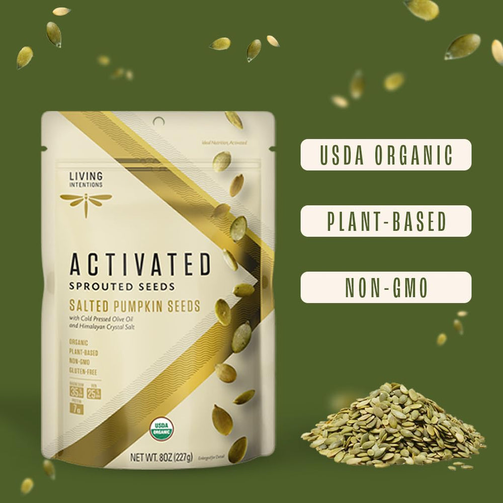 Living Intentions Organic Sprouted Pumpkin Seeds Salted label highlights Non-GMO and USA-made.