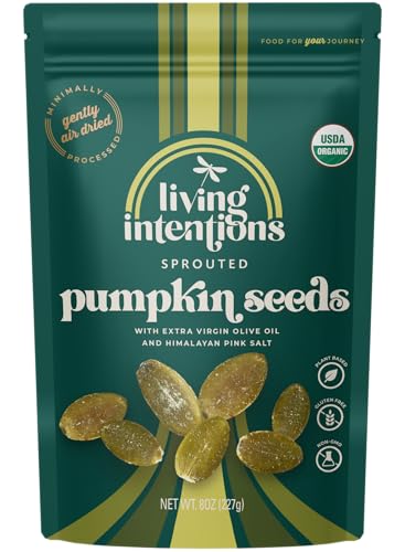 Living Intentions Organic Sprouted Pumpkin Seeds Salted packaging, ideal for on-the-go snacking.