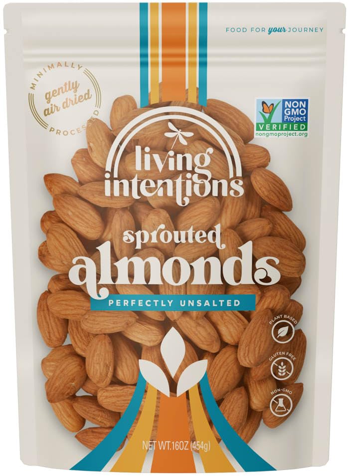Living Intentions sprouted almonds crisp stack highlights texture and freshness