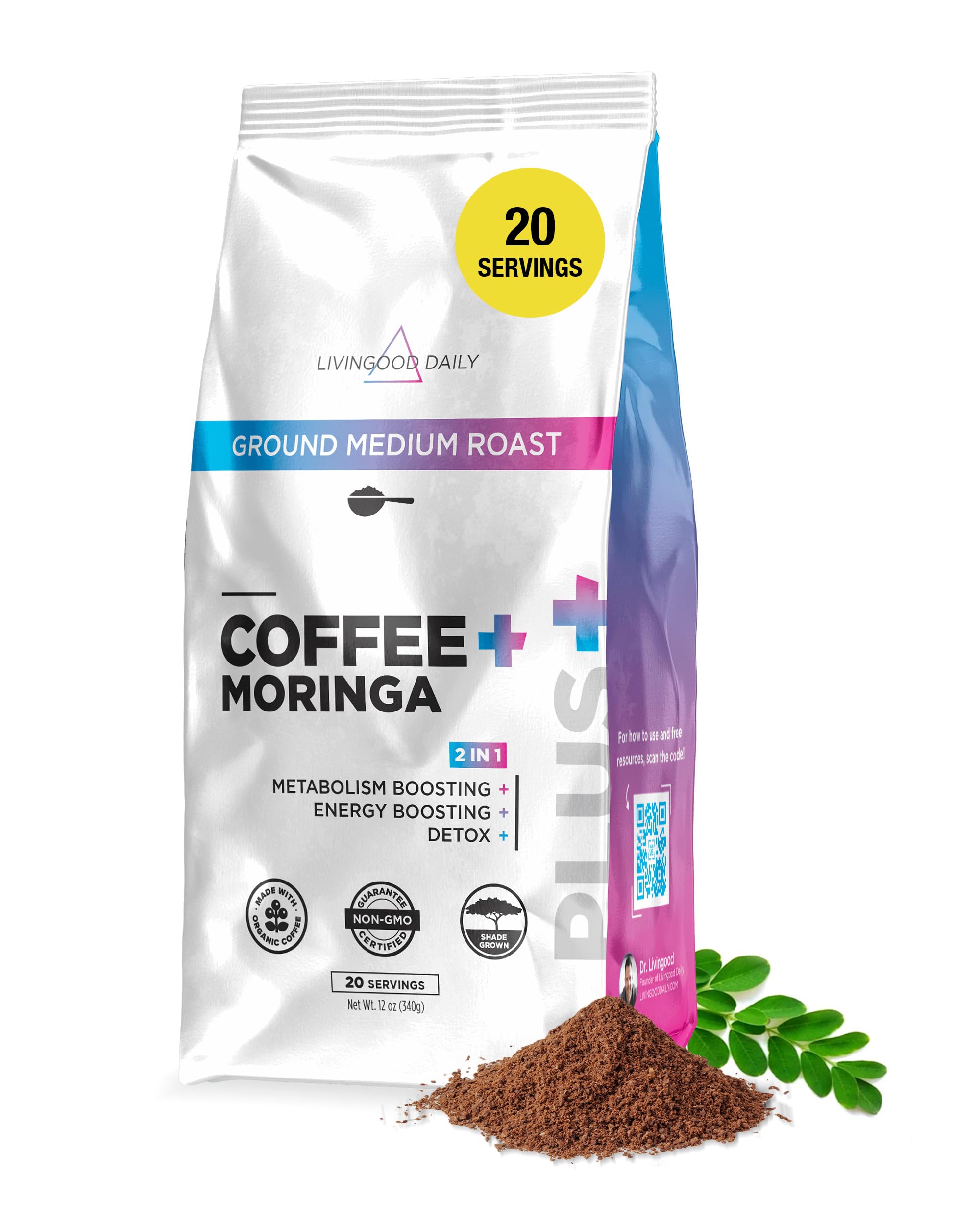 Livingood Daily Coffee with Moringa bag front, showing organic blend for daily energy.