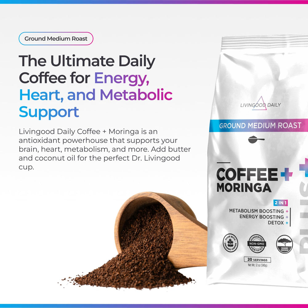Livingood Daily Coffee with Moringa packaging highlights moringa and organic beans.