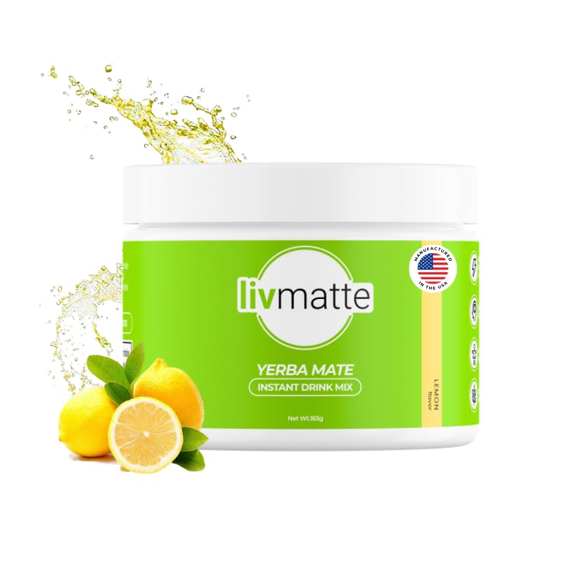 LivMatte Yerba Mate powder canister front with lemon flavor for clean energy.