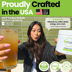 LivMatte Yerba Mate powder stirred into water for refreshing lemon blend.