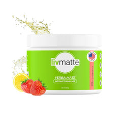 LivMatte Yerba Mate instant tea powder in a strawberry lemon tub provides steady energy.