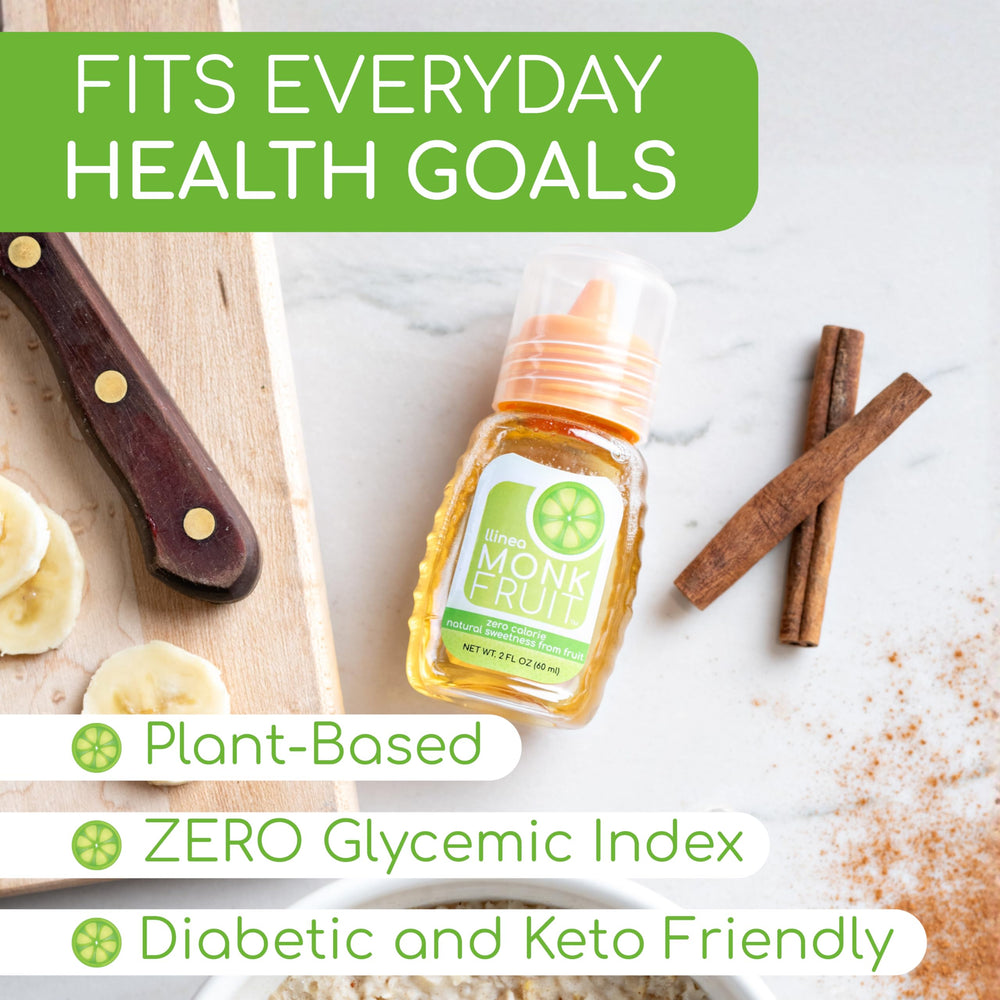 llinea Monk Fruit bottle emphasizes gluten-free and non-GMO attributes.