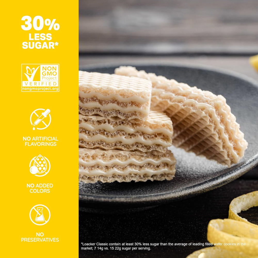 Loacker Classic Lemon Wafers packaging emphasizes sustainability and quality.