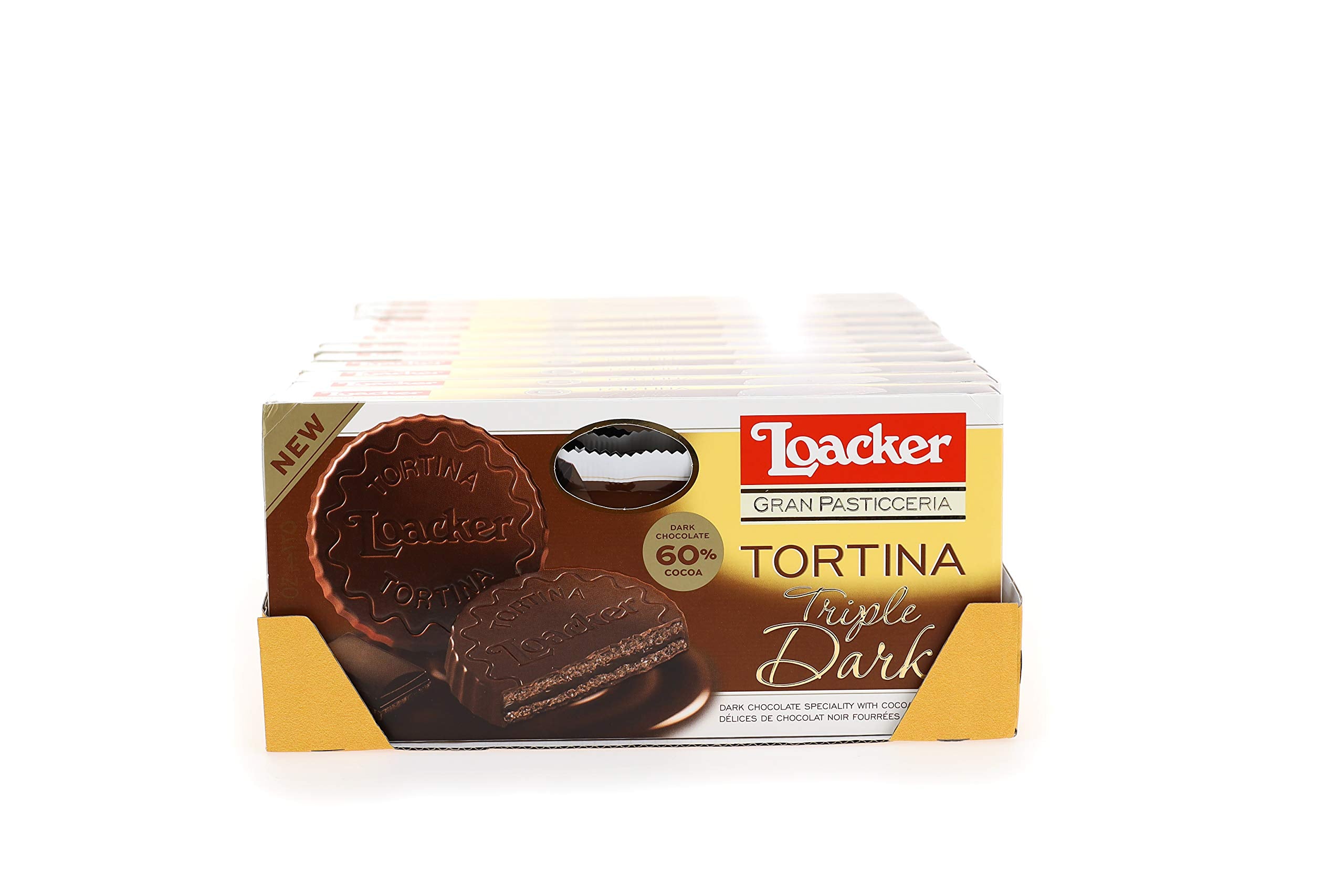 Loacker Gran Pasticceria Tortina Triple Dark bar on neutral background, ready to enjoy.